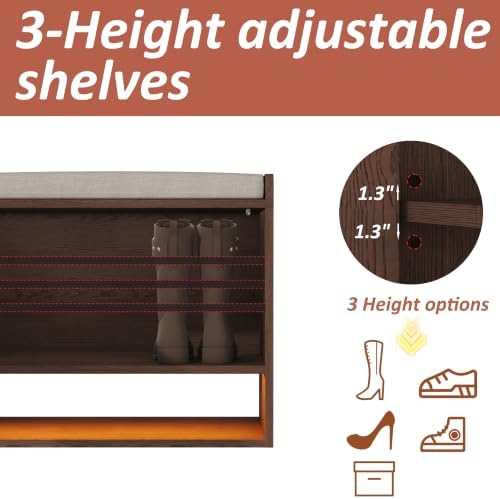 HOMEFORT 23.6" Fluted Shoe Storage Bench, Small Entryway Bench with Linen Seat Cushion, Shoe Cabinet Bench with Adjustable Shelf and Built-in LED Sensor Light, Bench for Bedroom End of Bed,Walnut - Image 6