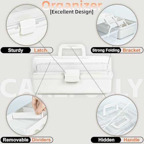 TERGOO 12.5in 3-Layer Multipurpose Craft Organizers and Storage with Adjustable Dividers, Portable Tackle Box, Folding Art & Craft Case for Medicine, Tool, Sewing Organizer (White) - Image 6