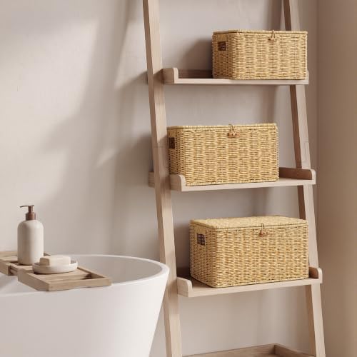 Nonam Wicker Storage Basket With lid,Stackable Plastic Bin (Natural,S+M+L) - Image 7