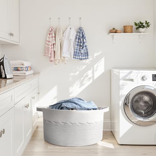 OIAHOMY 90L Extra Large Blanket Basket - Decorative Cotton Rope Storage Basket for Bedroom, Living Room & Nursery - Woven Laundry Hamper for Organizing Blankets, Clothes & Toys - Light Grey & White - Image 6