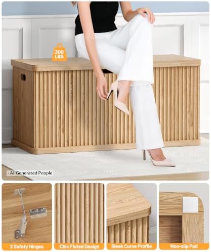 Akxomel 37.4" Fluted Storage Chest Wooden Storage Trunk 2 Safety Hinges Oak - Image 6