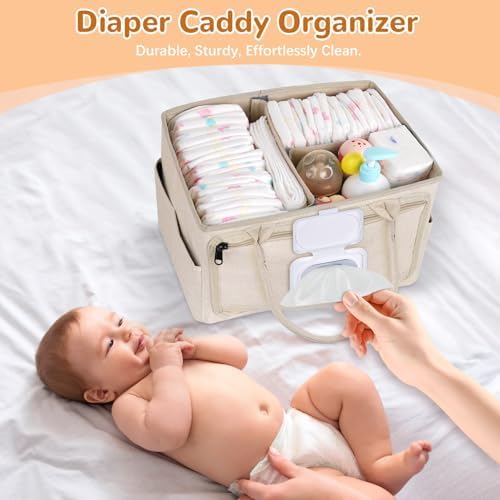 Volnamal Diaper Caddy with Wipe Dispenser One-Handed Access, Beige - Image 6