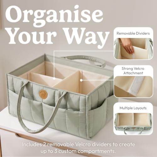 Baby Diaper Caddy Organizer - Portable Diaper Caddy with Handles & Removable Dividers - Large & Quilted Nursery Storage Basket - Changing Table Bag for Car - Baby Shower & Registry Gift - Sage Green - Image 6