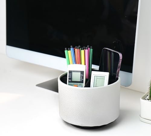 Round Leather Art Supply Organizer,Remote Control Holder,360 Degree Spinning,Multi-Functional Pencil Holder,4 Compartments Desktop Stationary Organizer(1-Lichee Silver) - Image 7