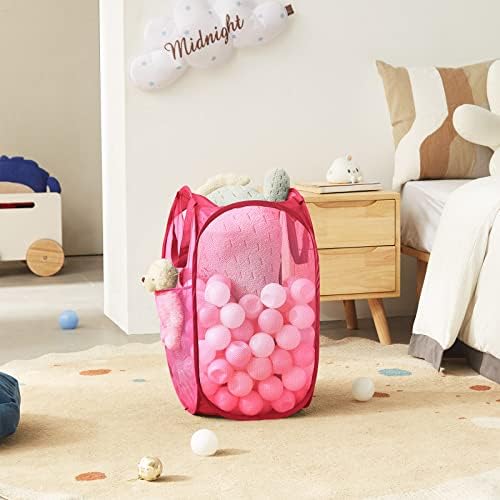 TECHMILLY Collapsible Mesh Pop Up Laundry Hamper with Sturdy Handles and Side Pocket - Portable Foldable Clothes Baskets for Dorm, Bathroom & Travel Storage (Pink, 2 Packs) - Image 6
