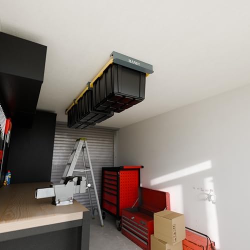 USA Based Overhead Garage Storage Rack, Connectable Heavy Duty Metal Ceiling Rails Garage Storage Organization Shelving System, Hanging Racks Tote Containers, Supports Up To 3 Bins, 2 Sets Gray - Image 6
