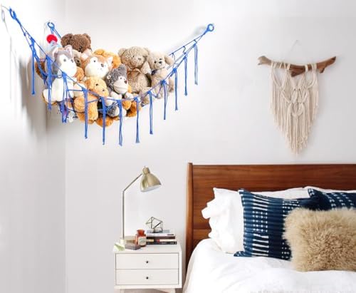 YKBU Stuffed Animals Hammock Corner Hanging Net for Macrame Stuffed Animal Storage Plush Toy Holder Toy Organizer for Boho Nursery Playroom Bedroom Kids Room Decor (blue, Large) - Image 6