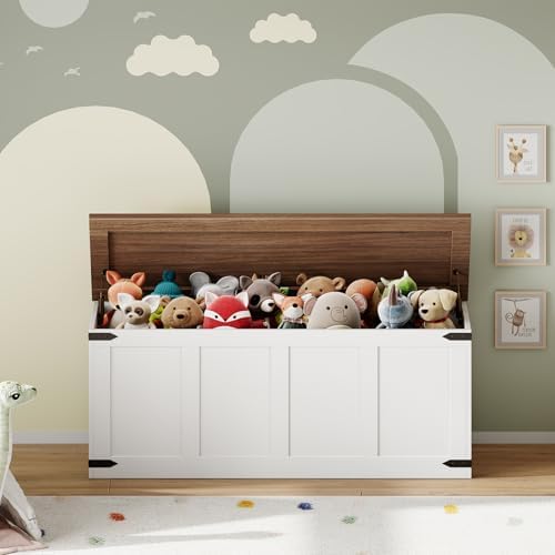 HOOBRO 47.2”Storage Bench Large, Toy Box with 2 Safety Hinges, Farmhouse Wooden Storage Chest, Easy Assembly for Bedroom, Living Room, Entryway, White and Walnut WH520CW01 - Image 6