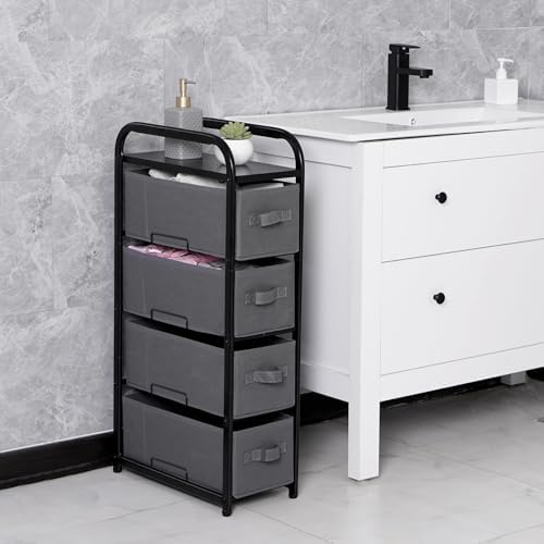 MAX Houser 4 Drawer Narrow Dresser Fabric Storage Tower Vertical Slim Storage Chest Organizer Nightstand Side/End Table Small Standing Organizer Removable Drawers Wood Top for Bedroom, Bathroom(Grey - Image 6