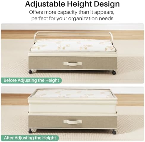 Kitstorack 2Pack Height-adjustable Under Bed Storage with Wheels, Under Bed Storage Containers,Under Bed Shoe Storage Organizer with Clear Window&Label, Suitable for Clothes Storage, Beige & Linen - Image 6