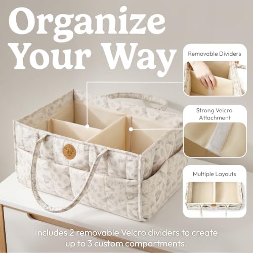 Floral Diaper Caddy Organizer - Portable Diaper Caddy with Handles & Removable Dividers - Large & Quilted Nursery Storage Basket for Girls - Woodland Nursery Decor & Wildflower Gift for Baby Shower - Image 6