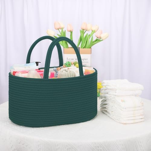 COMSE Large Cotton Rope Baby Diaper Caddy Organizer, Dark Green - Image 7