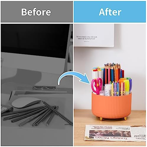Marbrasse Desk Organizer, 360-Degree Rotating Pen Holder, Desk Organizers and Accessories with 5 Compartments Pencil Holder, Art Supply Storage Box Caddy for Office, Home(Orange) - Image 7