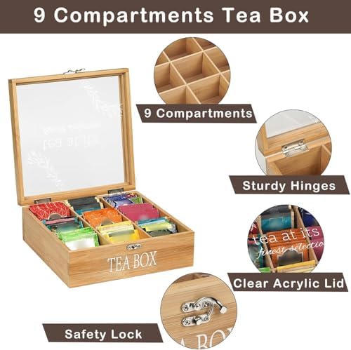 Bamboo Tea Box Organizer,Rustic Tea Storage with 9-Slot - Image 6