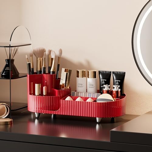 Rotating Makeup Organizer for Vanity with Brush Holder, Cosmetic Makeup Storage Organizer, Large Spinning Makeup Skincare Organizer, Countertop Makeup Perfume Organizer, Lotions Display Case Red - Image 6