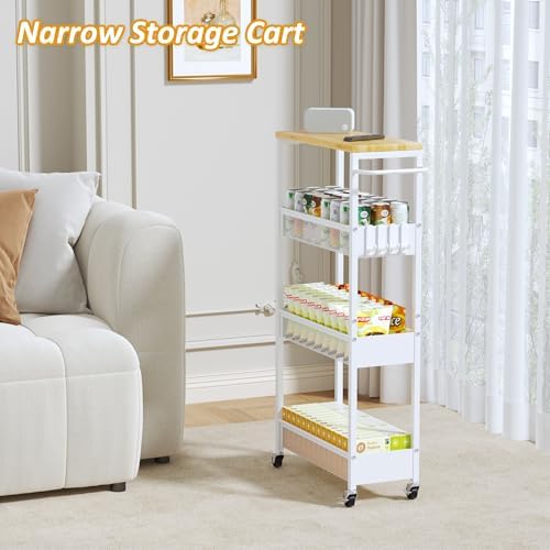 7.1" Wide Slim Storage Cart on Wheels, 4 Tier Metal Narrow Rolling Cart with Handle and Wood Top, Multifunctional Small Mobile Shelf Unit Organizer Trolley for Laundry, Bathroom, Kitchen - Image 6