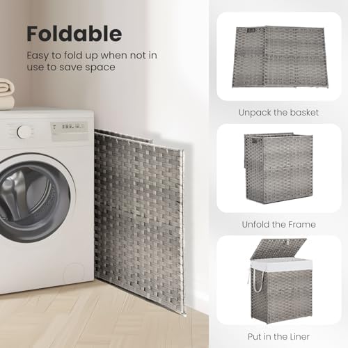 DUMOS Wicker Laundry Basket with Lid, 110L Woven Laundry Hamper with Handles, Foldable Rattan Clothes Hamper with Removable Liner & Sturdy Steel Frame, Dove Gray - Image 6
