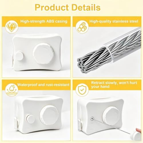 Retractable Clothesline Indoor & Outdoor, 16.7 Ft Non-Sagging Clothes Line, Retracting Heavy Duty Clothes Drying Laundry Line, Wall Mounted Space-Saving Stainless Steel Line (White, Single Line) - Image 6