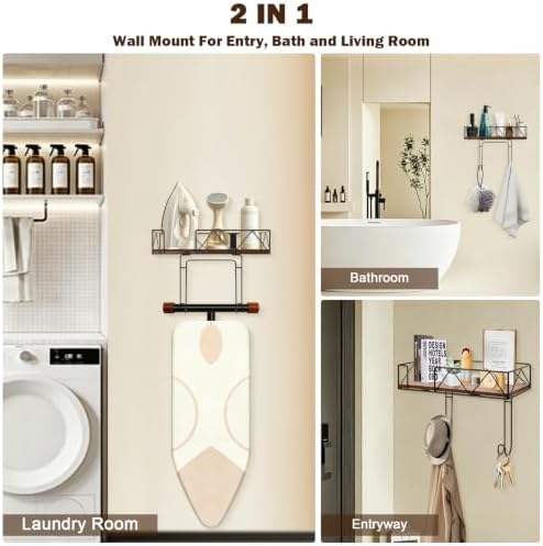 Ironing Board Hanger Wall Mounted, Metal Ironing Board Holder with Wood Shelf, Ironing Board Storage Rack with Hook for Laundry Room, Living Room, Bathroom (Matte Black) - Image 6