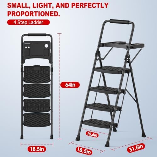 4 Step Ladder, Anautin Folding Step Stool with Tool Tray, Wide Anti-Slip Pedals, Heavy Duty Steel Step Ladder with Handrails, Portable Foldable Ladder for Kitchen Closet Garage Home 600lbs Capacity - Image 7