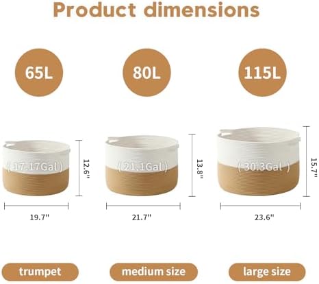 Foldable Laundry Hamper Basket with Collapsible Handle Cotton Rope Soft Woven Fabric Storage Organizer Clothes Toys Nursery Bedroom Dorm Space Saving Bin (White & Camel, 65L(19.7"D x 12.6"H)) - Image 6