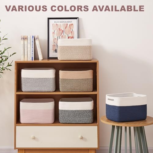 OIAHOMY 4 Pack Storage Basket, 13"x9"x7.8" Cotton Rope Baskets for Shelves, Closet Organizer for Bedroom & Living Room, Soft Decorative Bins for Organizing Towels, Books & Toys, Light Blue & White - Image 6