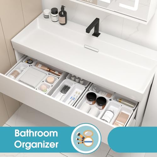 25 PCS Drawer Organizer Set, 4 Size Makeup Drawer Divider Organizer With Non-Slip Pads, Interlocking Plastic Storage Bins for Office,Jewelry Vanity,Gadgets, Bathroom,Kitchen, White - Image 7