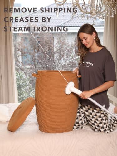 26"x20" Cottonphant Extra Large Tall Woven Laundry Basket with Lid, Cotton Rope Blanket Storage Basket, Freestanding Decorative Bin for Bedroom Living Room, Rust Brown - Image 6