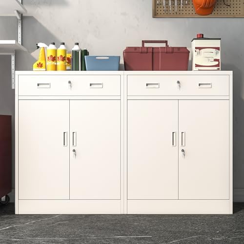 Wanfu Metal Storage Cabinet, Locking Cabinet with 1 Drawer and Adjustable Shelf, 36" H x 28" W x 16" D Steel Storage Cabinet for Office, Garage, Home-White - Image 6