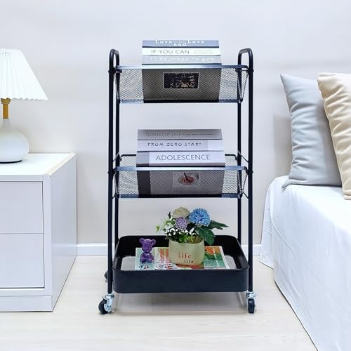 Small 3-Tier Metal Rolling Bookshelf Cart-Standing File Rack,Black - Image 5