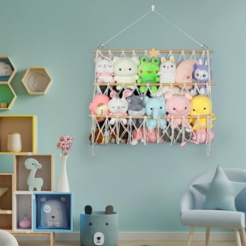 Starry Stuffed Animal Net Hammock Wall Hanging Handmade Boho Macrame Toy Hammock Organizer Holder Display Hanging Plush Toy Net for Corner Wall Stuffed Animal Storage(29.9" H x 31.5" W) - Image 6
