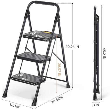 TOOLF 3 Step Ladder, Folding Portable Ladder with Anti-Slip Pedals, Black - Image 6