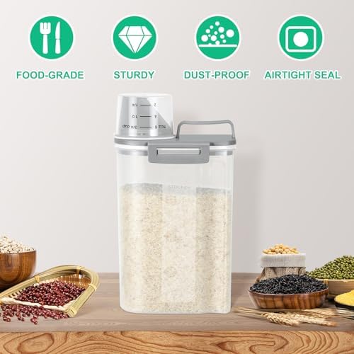 TBMax Rice Storage Container 2 Pack, Plastic Kitchen Pantry Food Storage Container with Cup, Small Pet Dog Cat Food Container Dispenser-Grey - Image 7