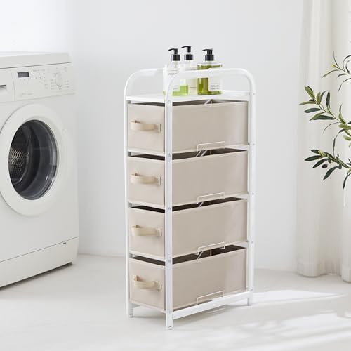 MAX Houser 4 Drawer Narrow Dresser Fabric Storage Tower Vertical Slim Storage Chest Organizer Nightstand Side/End Table Small Standing Organizer Removable Drawers Wood Top for Bedroom, Bathroom(Beige) - Image 6