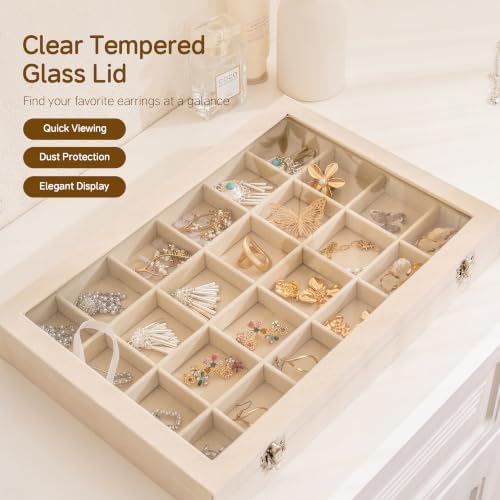 Frebeauty 24 Grid Earring Organizer,Velvet Jewelry Tray with Clear Lid - Image 6