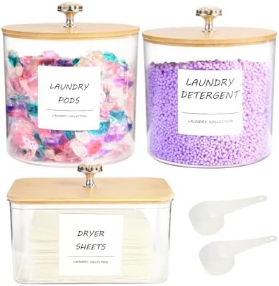 3 Pack Laundry Room Organization Storage Containers, Plastic Clear Laundry Pods Container & Dryer Sheet Holder Jars with Lids, Scoops & Labels for Detergent, Powder, Dryer Balls, Beads - Image 7
