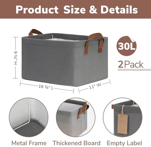 CHICVITA 30L Large Fabric Closet Bins for Shelves, 2Pack, Grey - Image 6