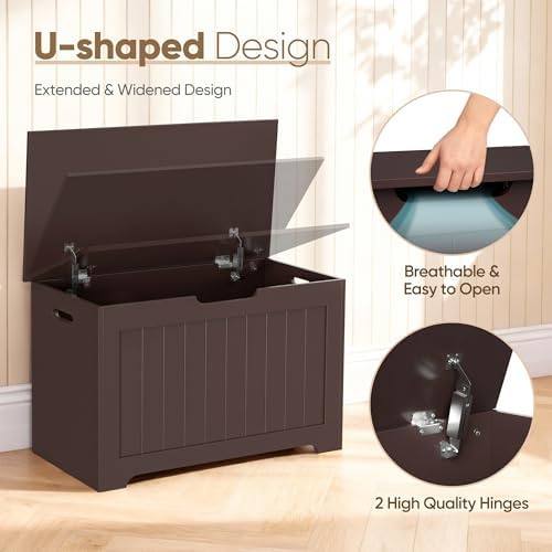 SUPER DEAL Storage Chest, 30 inches Toy Chest Box Organizer with 2 Safety Hinges, Wooden Entryway Storage Bench, Brown - Image 6