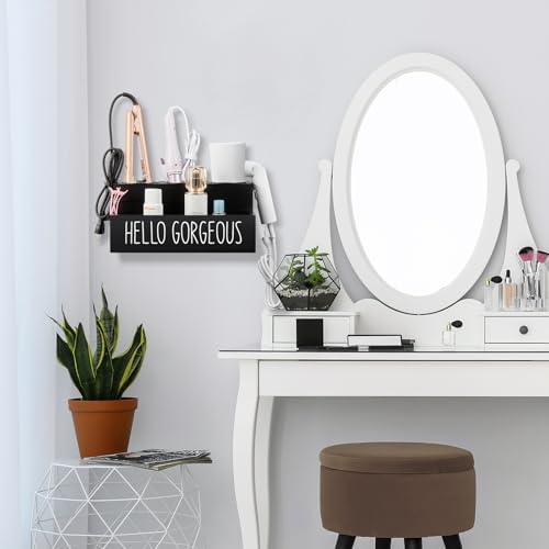 Bivvclaz Hair Tool Organizer, Wooden Hair Dryer Holder Countertop, Wall Mount Hot Tools Organizer for Hair Styling Accessories, Bathroom Supplies Vanity Caddy for Curling Wand, Blow Dryer, Black - Image 7