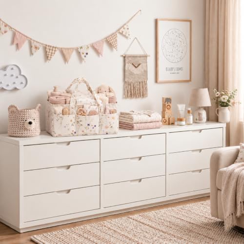 PeraBella Baby Diaper Caddy Organizer, Floral Baby Basket Shower Gift, Nursery Organizer Basket Newborn Boy& Girl Essential Items, Changing Table Organizer Caddy for Baby Stuff, Car Caddy-Cream Floral - Image 7