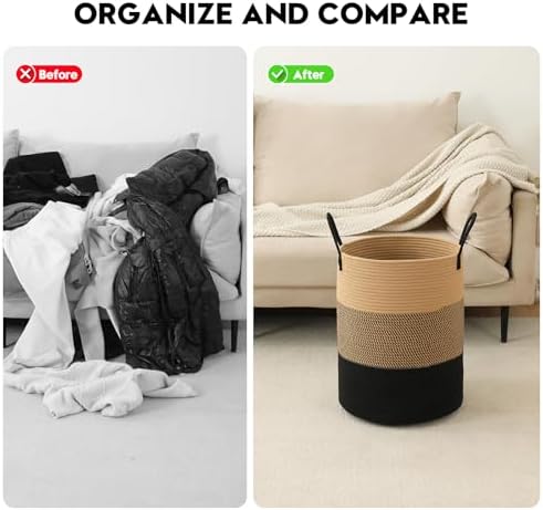 Laundry Basket Hamper Tall Rope Storage Woven for Blanket toys Dirty Clothes in Living Room Bathroom Bedroom (Jute Brown & Black, 100L/26.4Gal) - Image 6