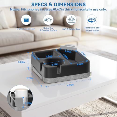 Couch Cup Holder Tray Couch Cup Holder Pillow Soft Sofa Caddy Drink Holder with 3 Compartments &Removable 360°Swivel Phone Stand, Portable Bed Snack Caddy Pillow with Handle for Tablet Controller Grey - Image 6
