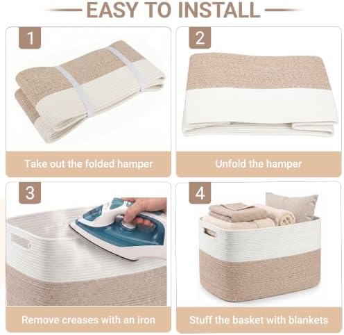Large Laundry Baskets/Hamper, 25”x16”x16” Rectangle Woven Baskets for Toy Storage, Baby Blanket Basket in Living Room,Shelf Basket With Handle,Large White/Brown - Image 7