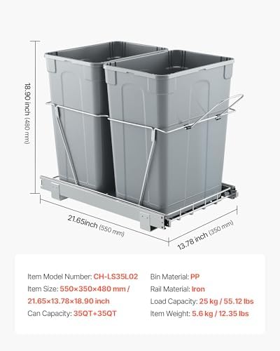 VEVOR Pullout Trash Can for Kitchen Cabinets, 35 QT x2 Double Under Sink Garbage Waste Recycling Bin, Under Mount Waste Container, with Heavy Duty Metal Full Extension Sliding System and Handle Grey - Image 7