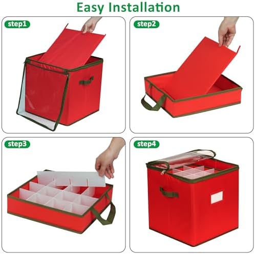 Christmas Ornament Storage Box, Clear Ornament Storage Include 4 Trays with Adjustable Dividers, Ornament Organizer with Handle Store Up to 64 Holiday Ornaments, Clear Top - Image 7