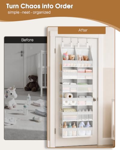 Criusia Over the Door Organizer, Extra Large 12 Compartments Closet Hanging Storage with 14 Mesh Pockets, 85lbs Capacity Behind the Door Storage for Baby Nursery, Bathroom, Bedroom, and Dorm, White - Image 7