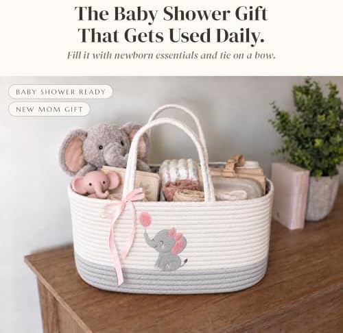 Baby Girl Diaper Caddy Organizer, Pink Elephant Cotton Rope Nursery Basket - Image 7