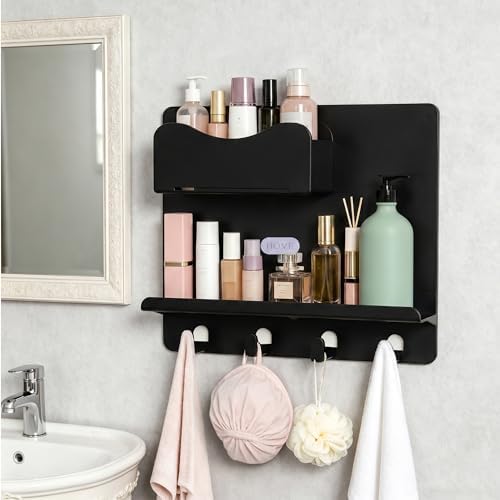 Bedside Shelf Wall Mount, Adhesive Bedside Shelf Accessories Organizer with Hooks and Cable Clips,Dorm Bedside Wall Storage for Phone, Remote, Earphone,Plastic (Black) - Image 6