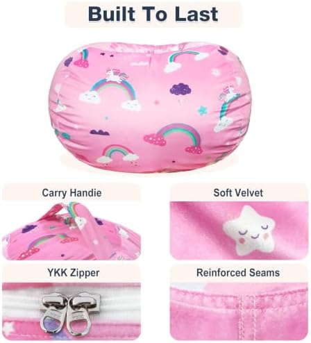 Lukeight Unicorns Stuffed Animals Storage Bean Bag Chair Cover for Kids Toddlers, Cozy Velvet Plush Toy Organizer Seat, Cover Only, No Filling Included, Long YKK Zipper, Side Pocket, Large 27 x 16 in - Image 6
