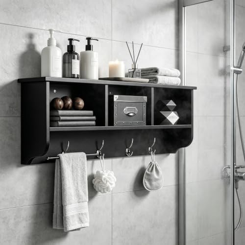 38.6inch Wall Mounted Entryway Coat Rack with Storage Shelf 4 Dual Hooks Wooden Storage Living Room Wall Cabinet with 3 Cubbies Space Saving Hanging Shelf for Hats Bags Coats (Espresso) - Image 6